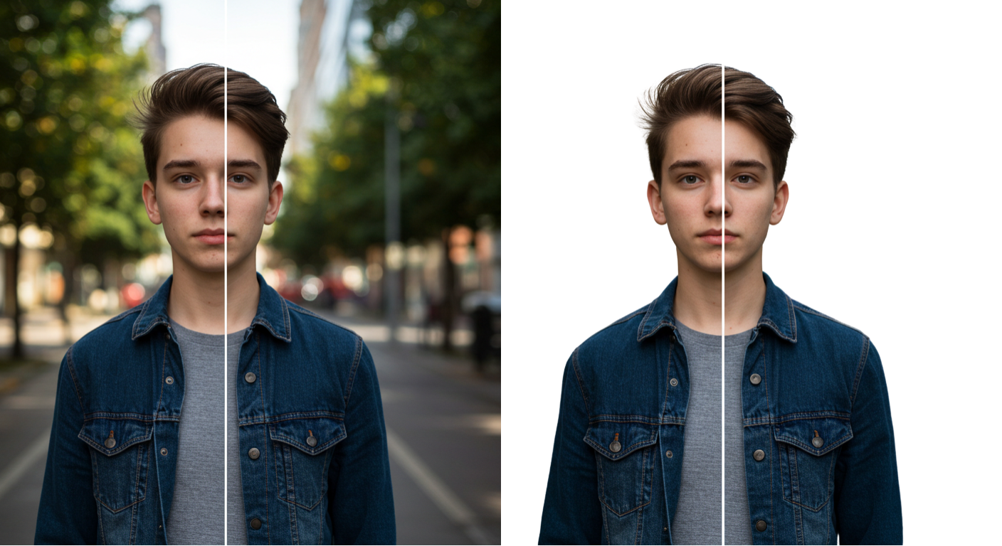 Exemplo de remoção de fundo - antes e depois mostrando pessoa com fundo de rua removido