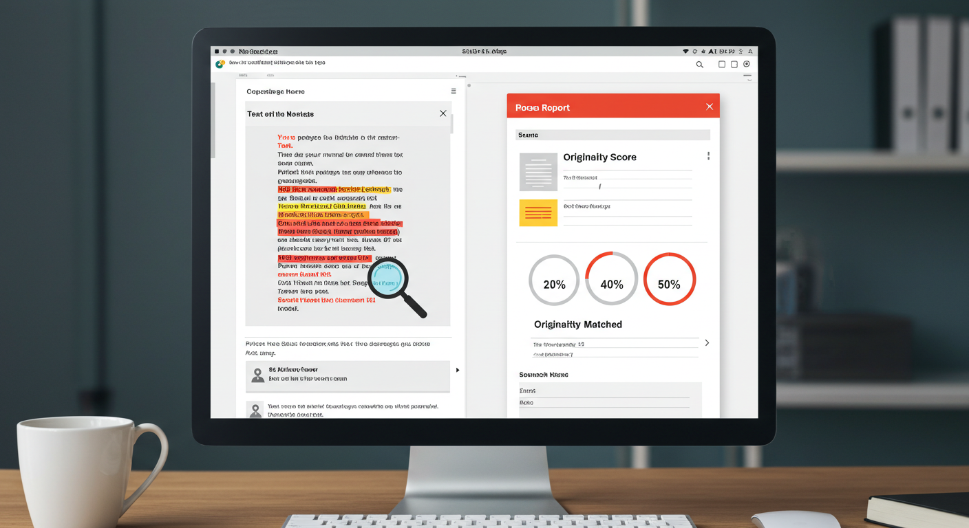 Interface do detector de plágio mostrando análise de texto com trechos destacados e relatório de originalidade