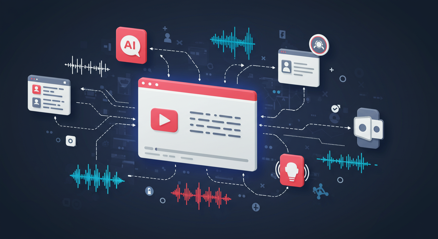 Interface de transcrição do YouTube mostrando conversão de vídeo para texto com IA